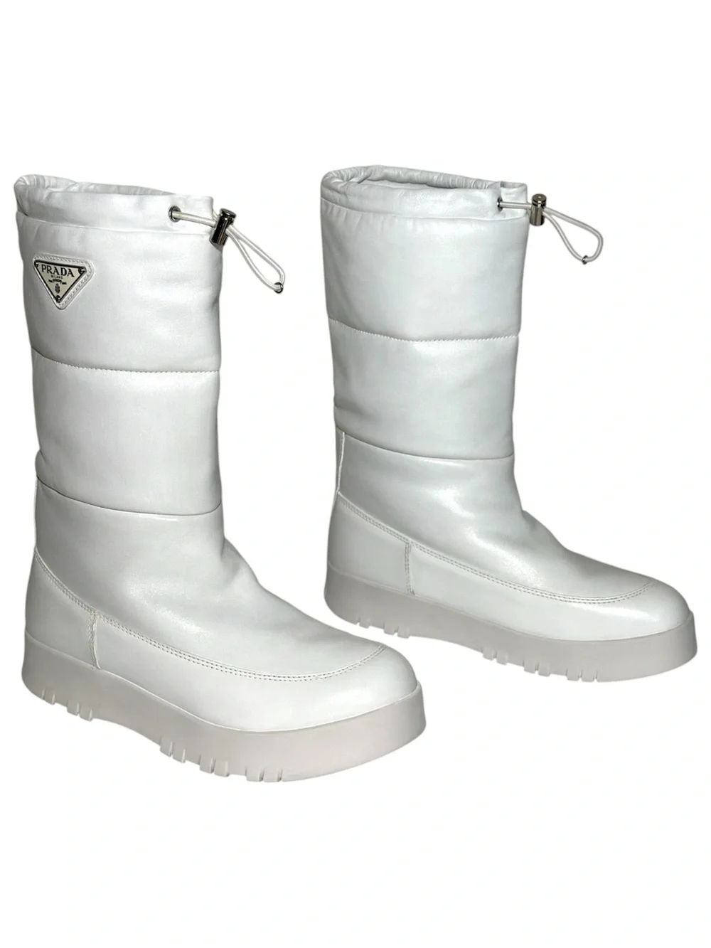 Prada White Leather Quilted Platform Moon Boots Weiss size 40 US 10 Puffer Snow